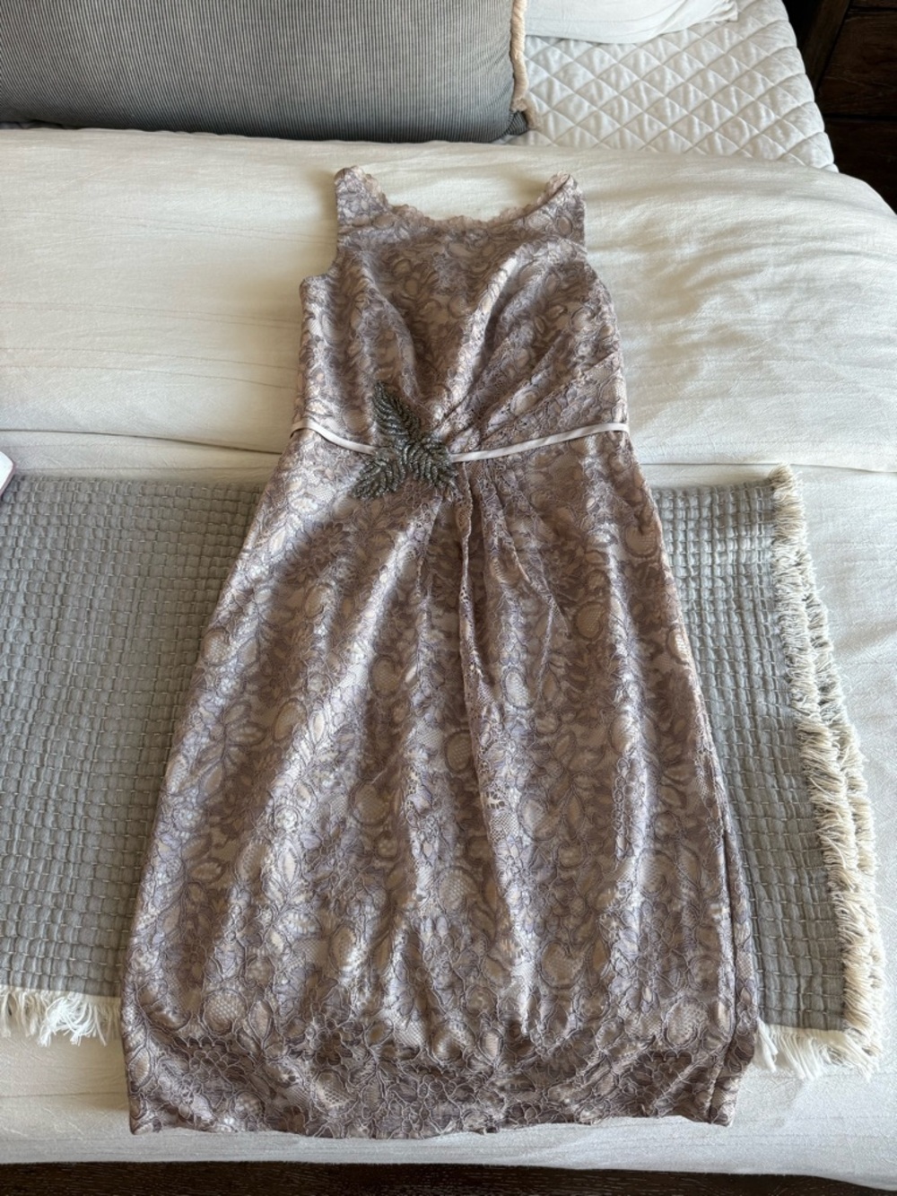 Lace Sheath Dress with Embellished Waist - Taupe